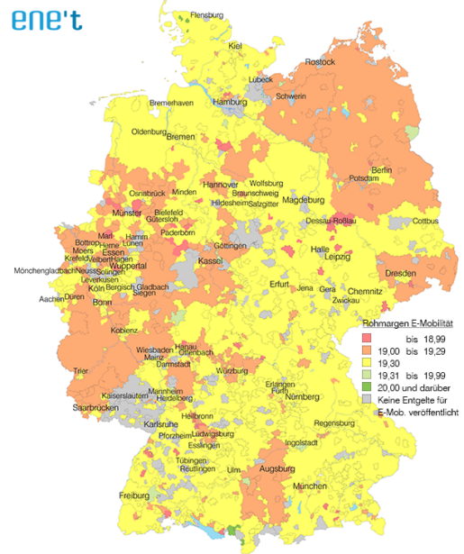 Rohmargen des günstigsten E-Mobilitätstarifs je Postort