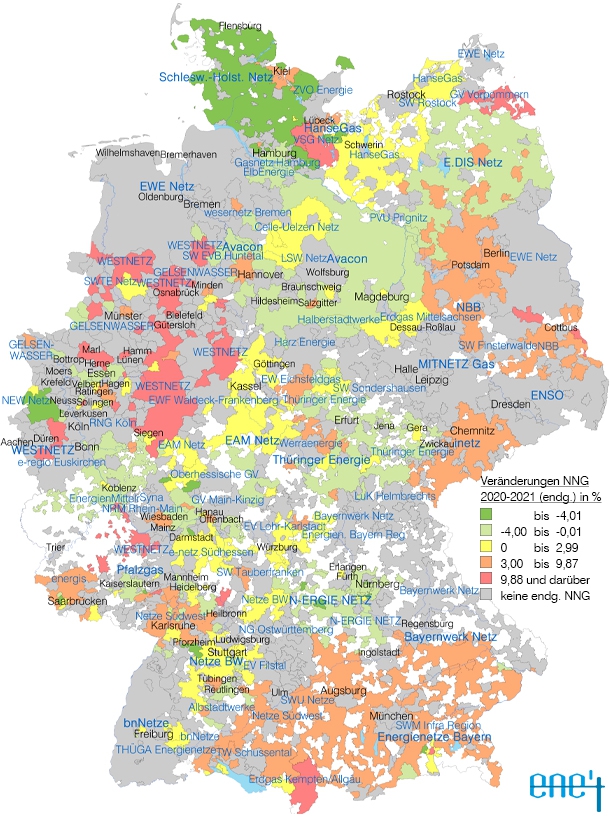 Prozentuale Veränderung der endgültigen Gasnetzentgelte 2021 gegenüber 2020