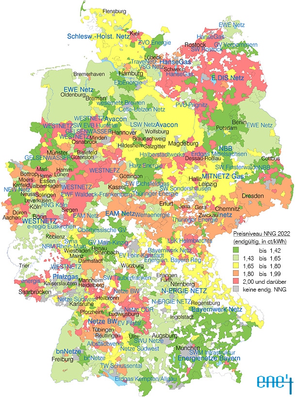 Preisniveau der endgültigen Netzentgelte Gas 2022