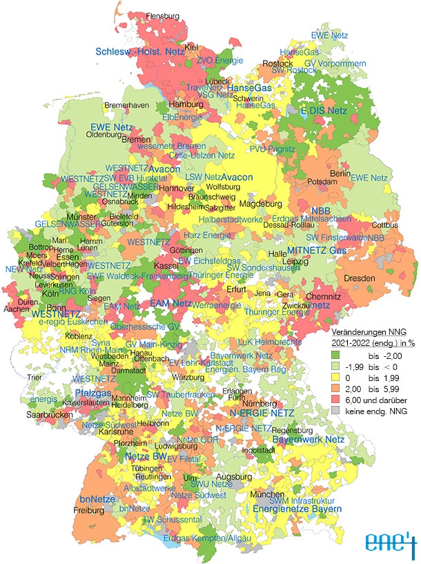 Prozentuale Veränderung der endgültigen Gasnetzentgelte 2022 gegenüber 2021