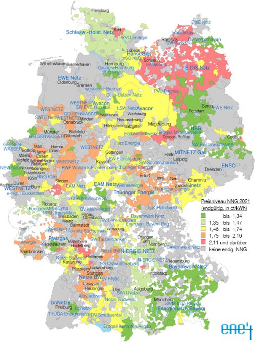 Preisniveau der endgültigen Netzentgelte Gas 2021