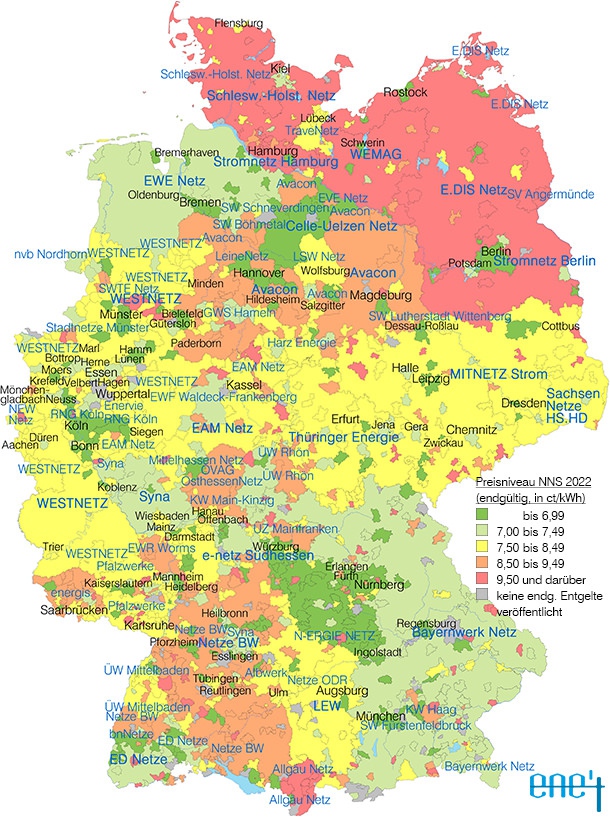 Preisniveau endgültige Netzentgelte Strom 2022